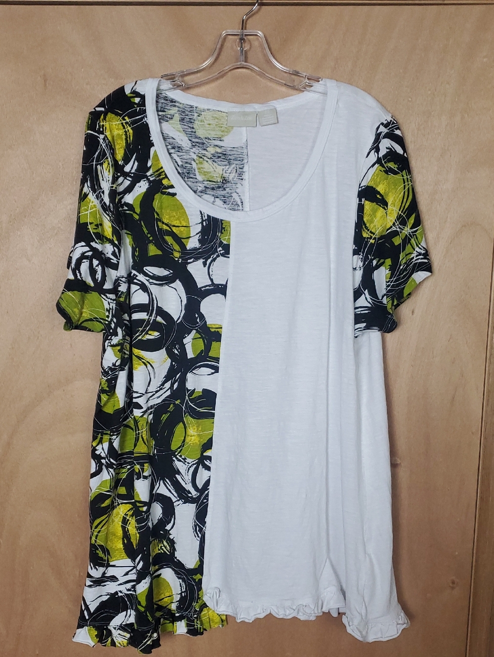 Women's White Short Sleeve Tee with Olive & Black Abstract Panels